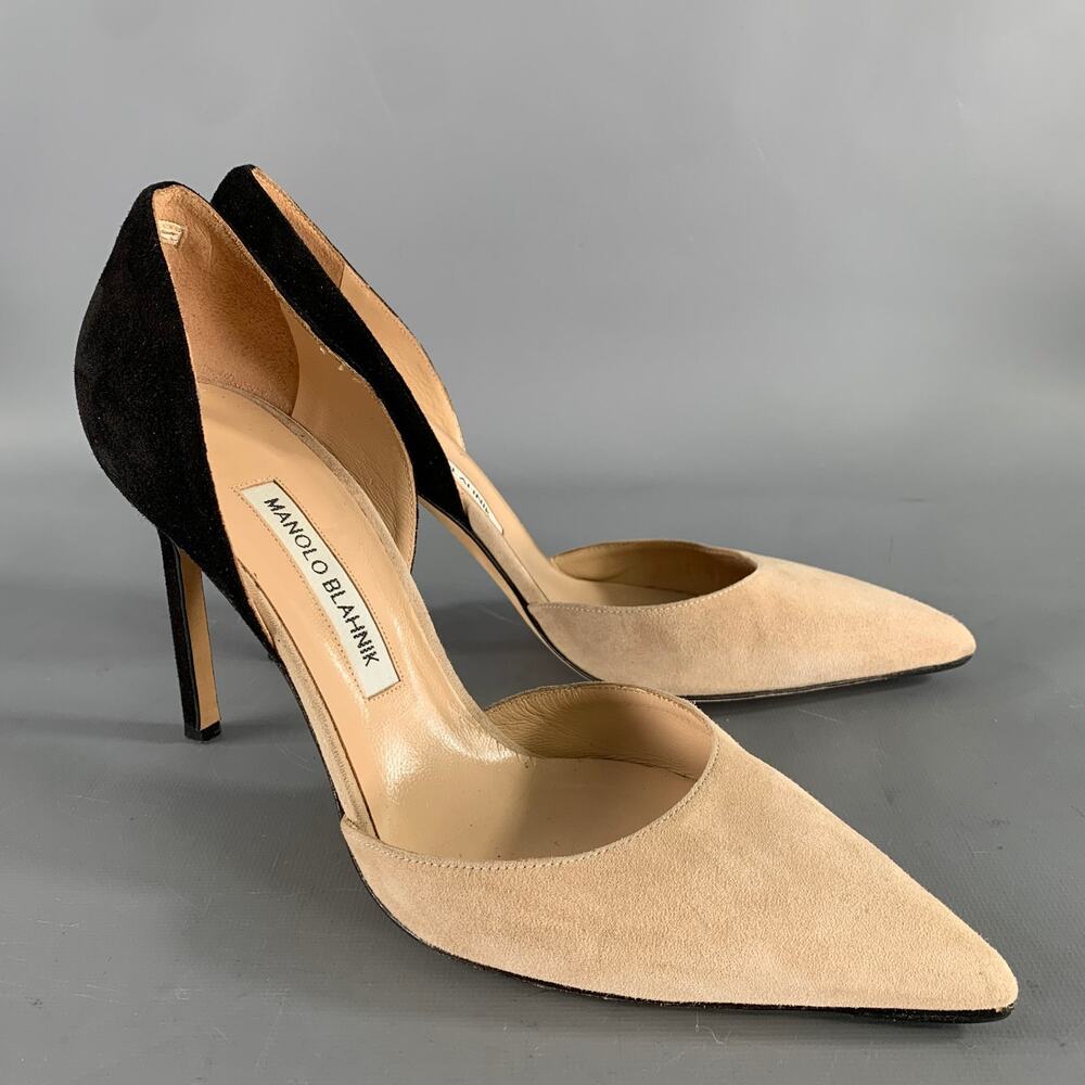 MANOLO BLAHNIK Size 9.5 Tan Black Suede Two Tone Suede Pointed Toe Pumps